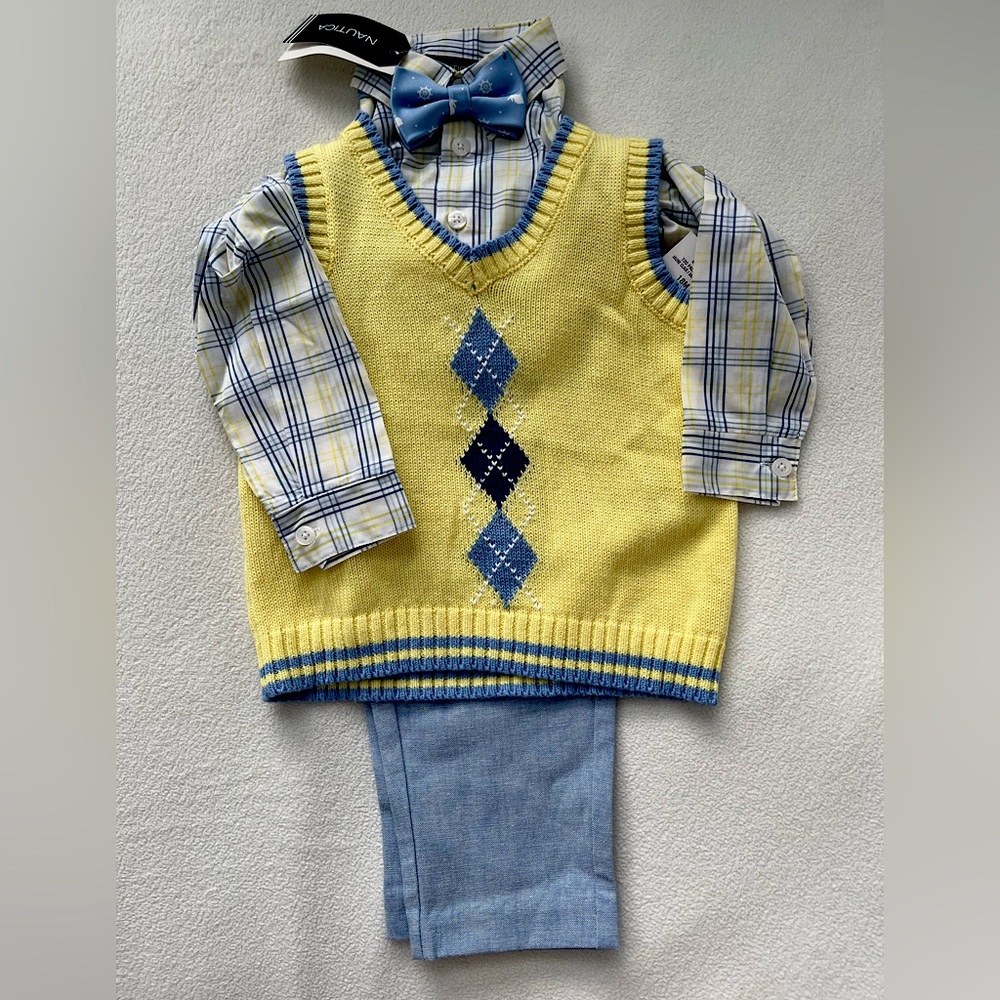 Nautica 18 Months Boy Argyle Sweater Vest 4 Piece Bow Tie Set Yellow Blue White